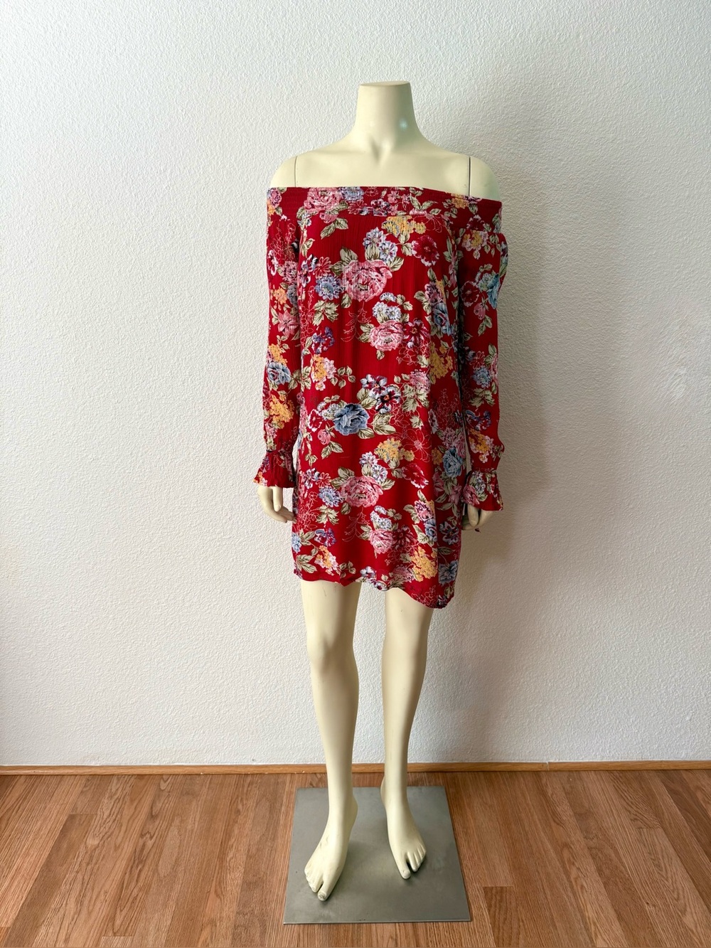 Almost Famous Brand Red Floral Off Shoulder Dress- Small